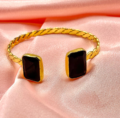 Gold-Plated Twisted Open Cuff Bracelet with Dual Stones