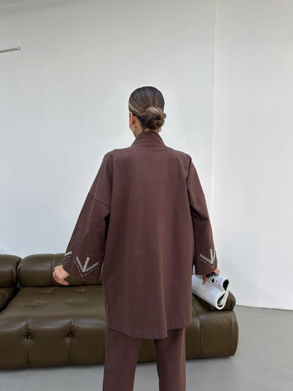 Embellished Jacket with Geometric Bead Detailing- Blue/ Beige & Brown