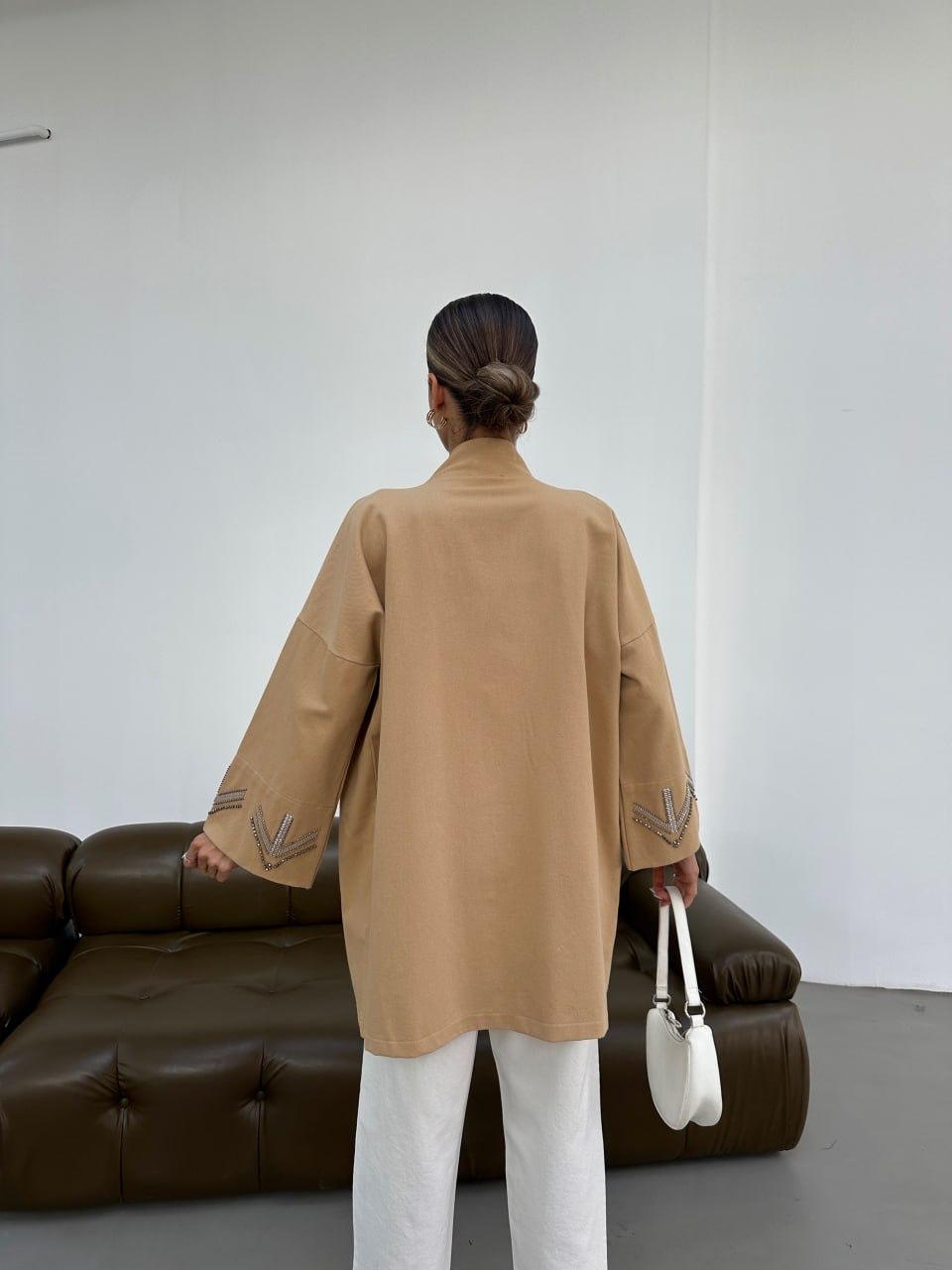 Embellished Jacket with Geometric Bead Detailing- Blue/ Beige & Brown