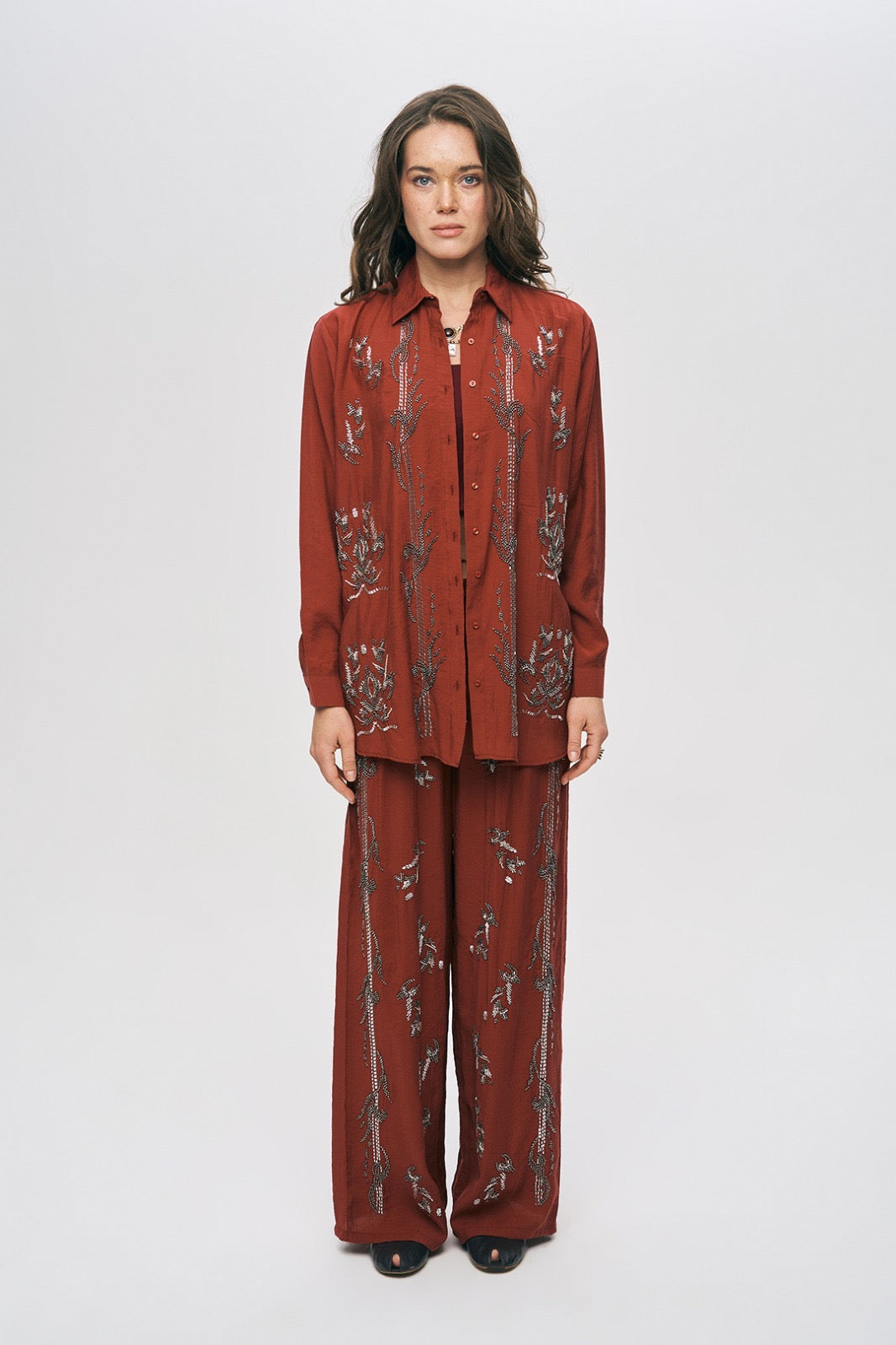Artisan Beaded Oversized Shirt & Wide-Leg Pant Set