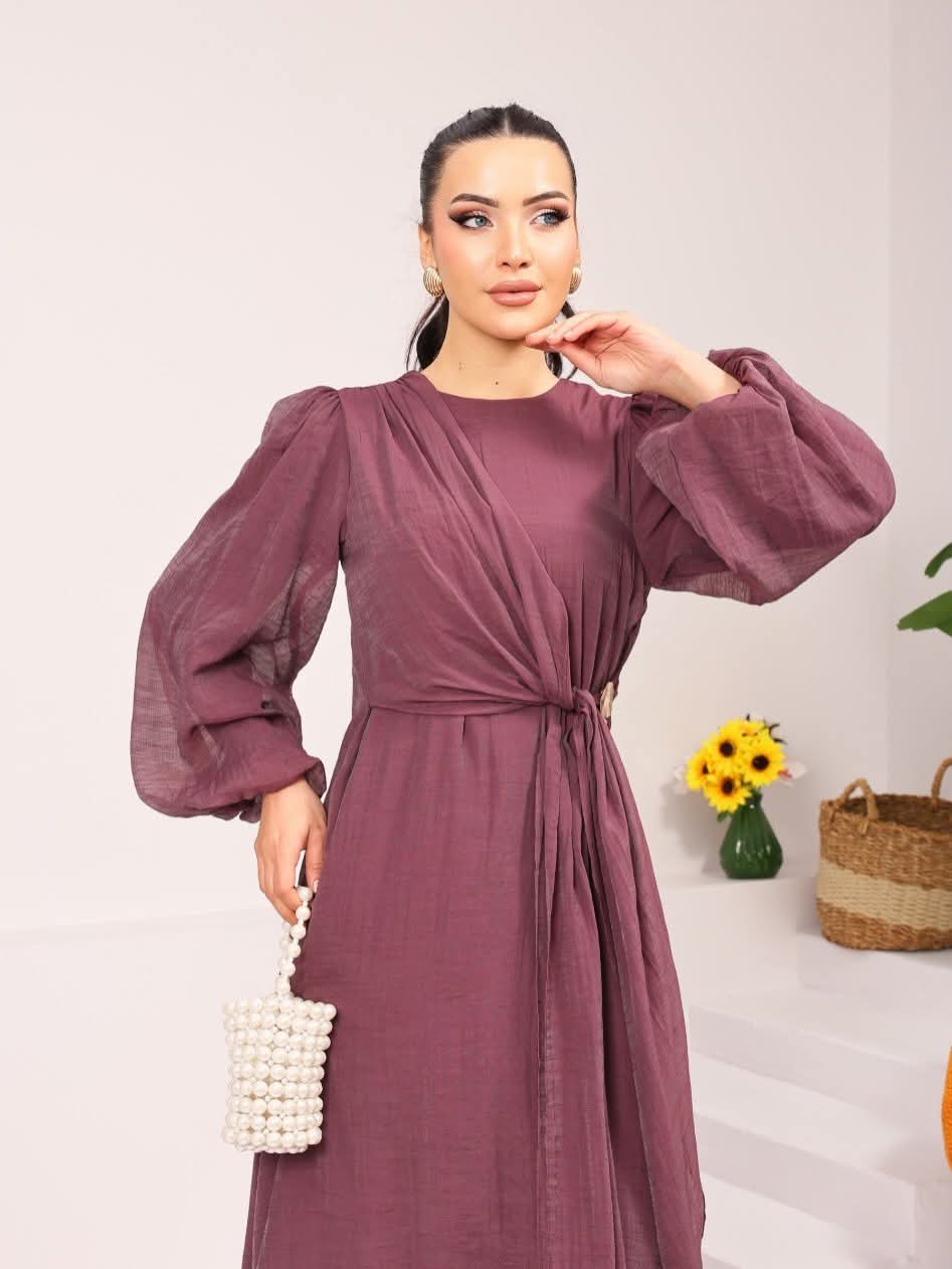 Serene Drape Maxi Dress – Elegant Sleeve Gown with Waist Sash