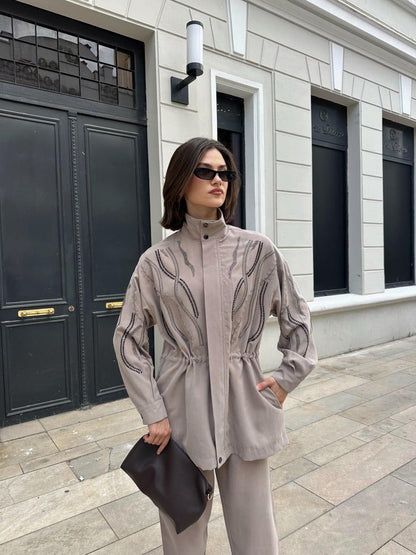 Embellished Co-Ord Set – Jacket and Wide-Leg Trousers- Khaki/ Beige