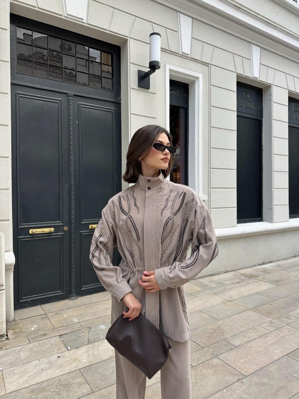 Embellished Co-Ord Set – Jacket and Wide-Leg Trousers- Khaki/ Beige