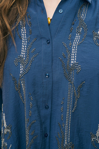 Artisan Beaded Oversized Shirt & Wide-Leg Pant Set