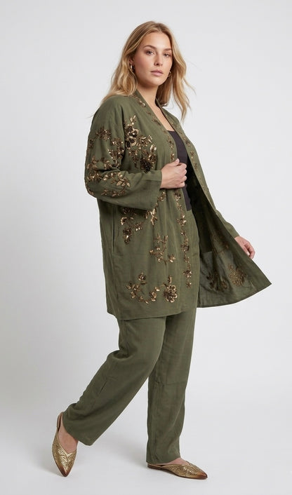 Emerald Muse Embroidered Kimono & Trouser Set