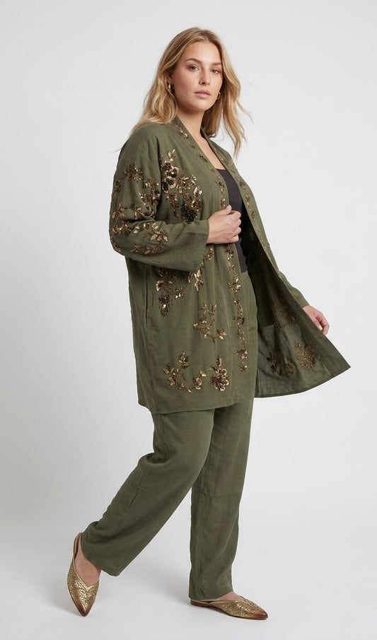 Emerald Muse Embroidered Kimono & Trouser Set
