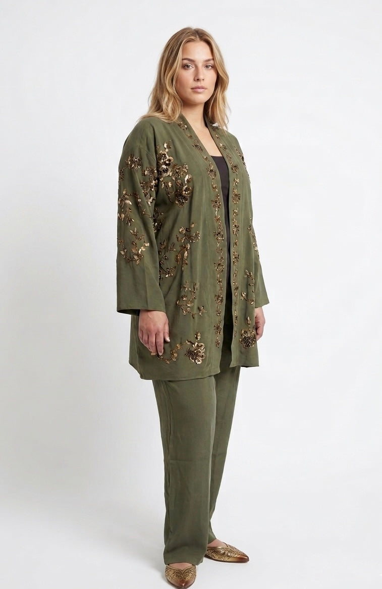 Emerald Muse Embroidered Kimono & Trouser Set