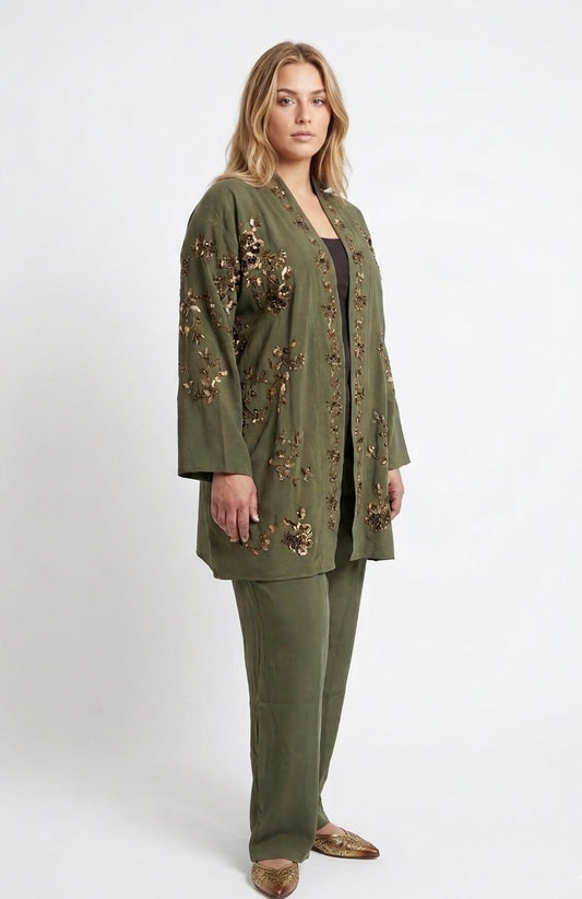 Emerald Muse Embroidered Kimono & Trouser Set