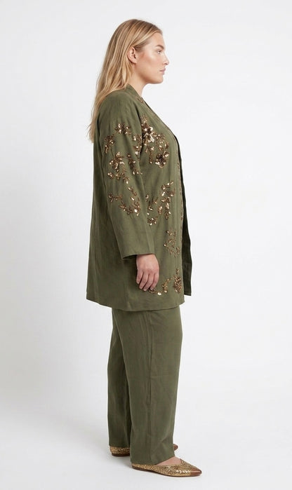 Emerald Muse Embroidered Kimono & Trouser Set