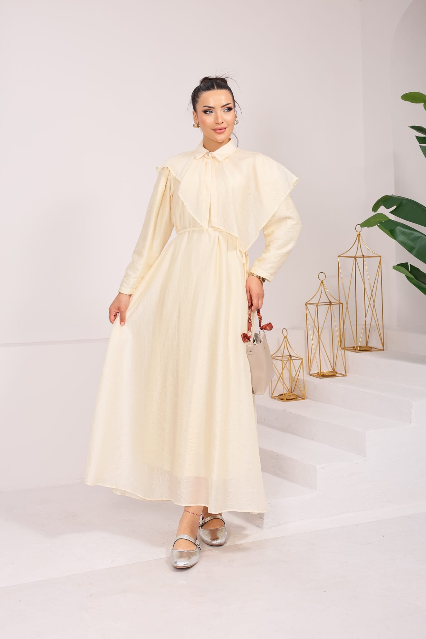 Elegant Collared Cape-Overlay Maxi Dress