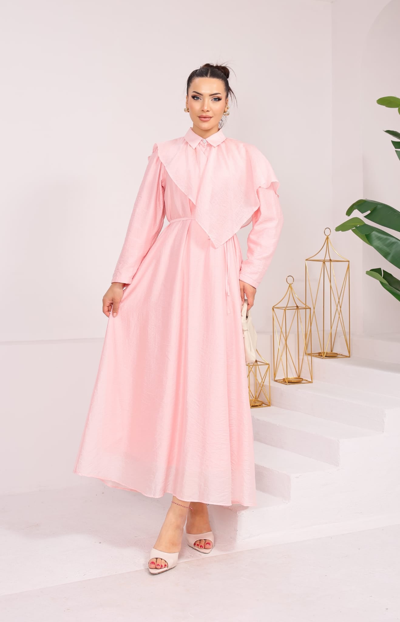 Elegant Collared Cape-Overlay Maxi Dress