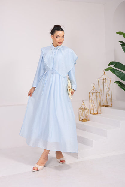 Elegant Collared Cape-Overlay Maxi Dress