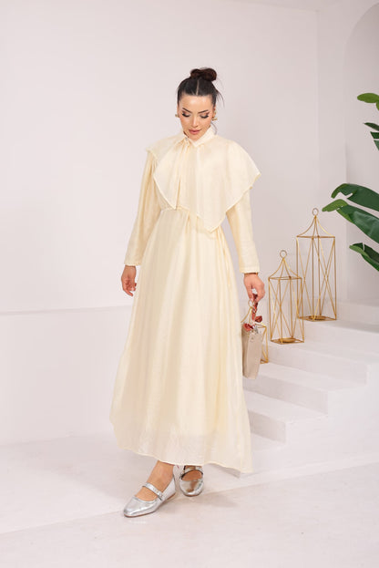 Elegant Collared Cape-Overlay Maxi Dress