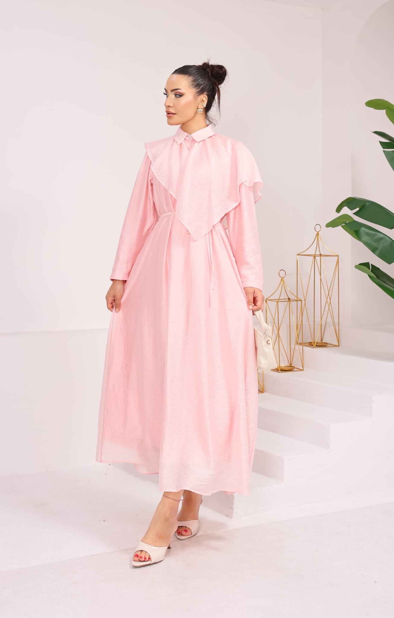 Elegant Collared Cape-Overlay Maxi Dress